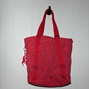 Kipling Kyoko Crinkle Nylon Tote Bag Coral Pink Monkey Keychain Lightweight